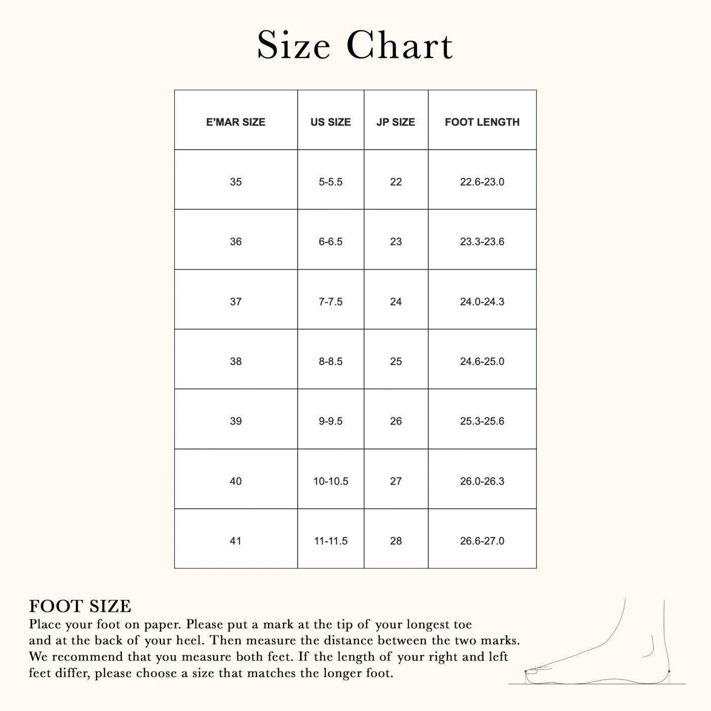 Size Chart Raya Ankle Strap Pump Heels