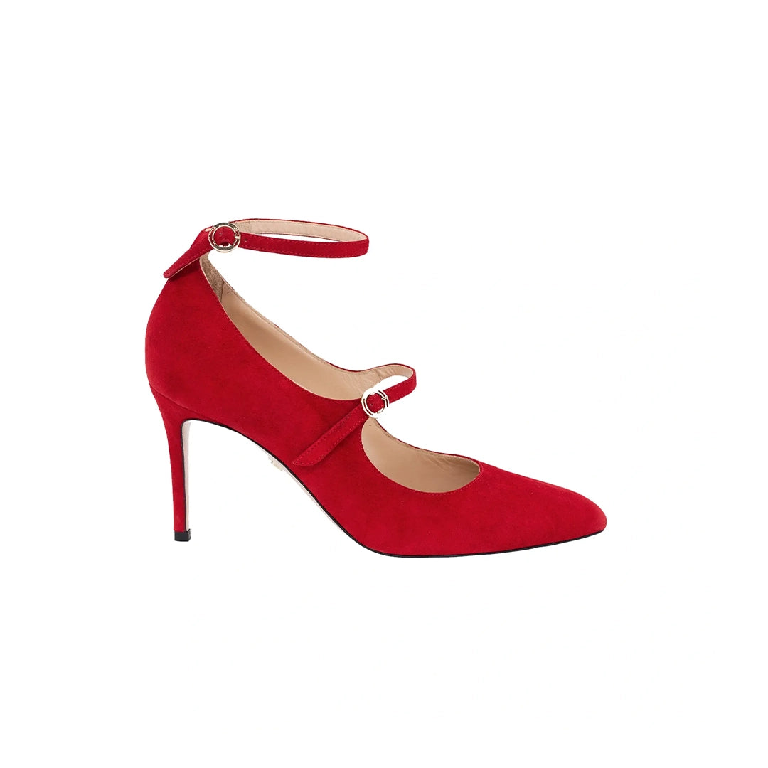 Meraki Red Double Strap Almond Toe Mary Jane Heels | E'MAR