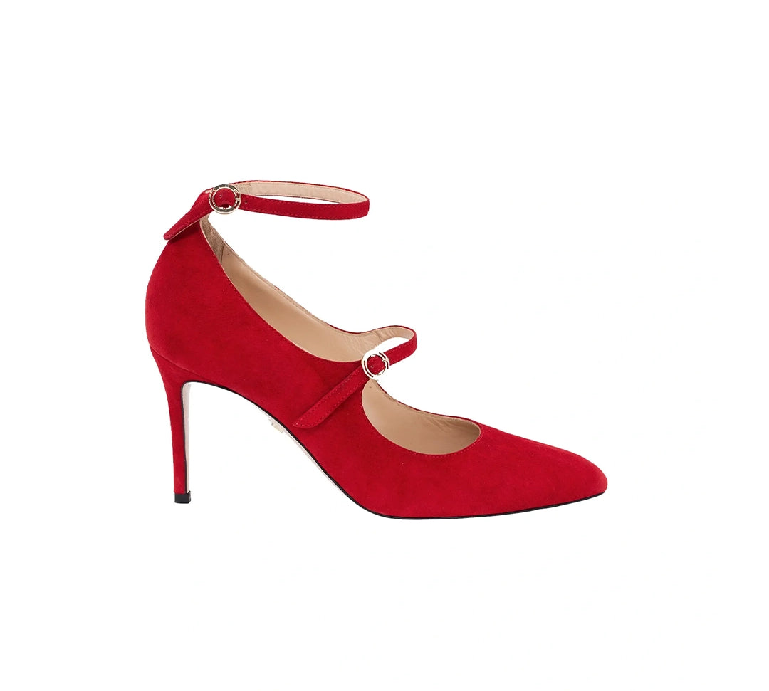 Meraki Red Double Strap Almond Toe Mary Jane Heels | E'MAR