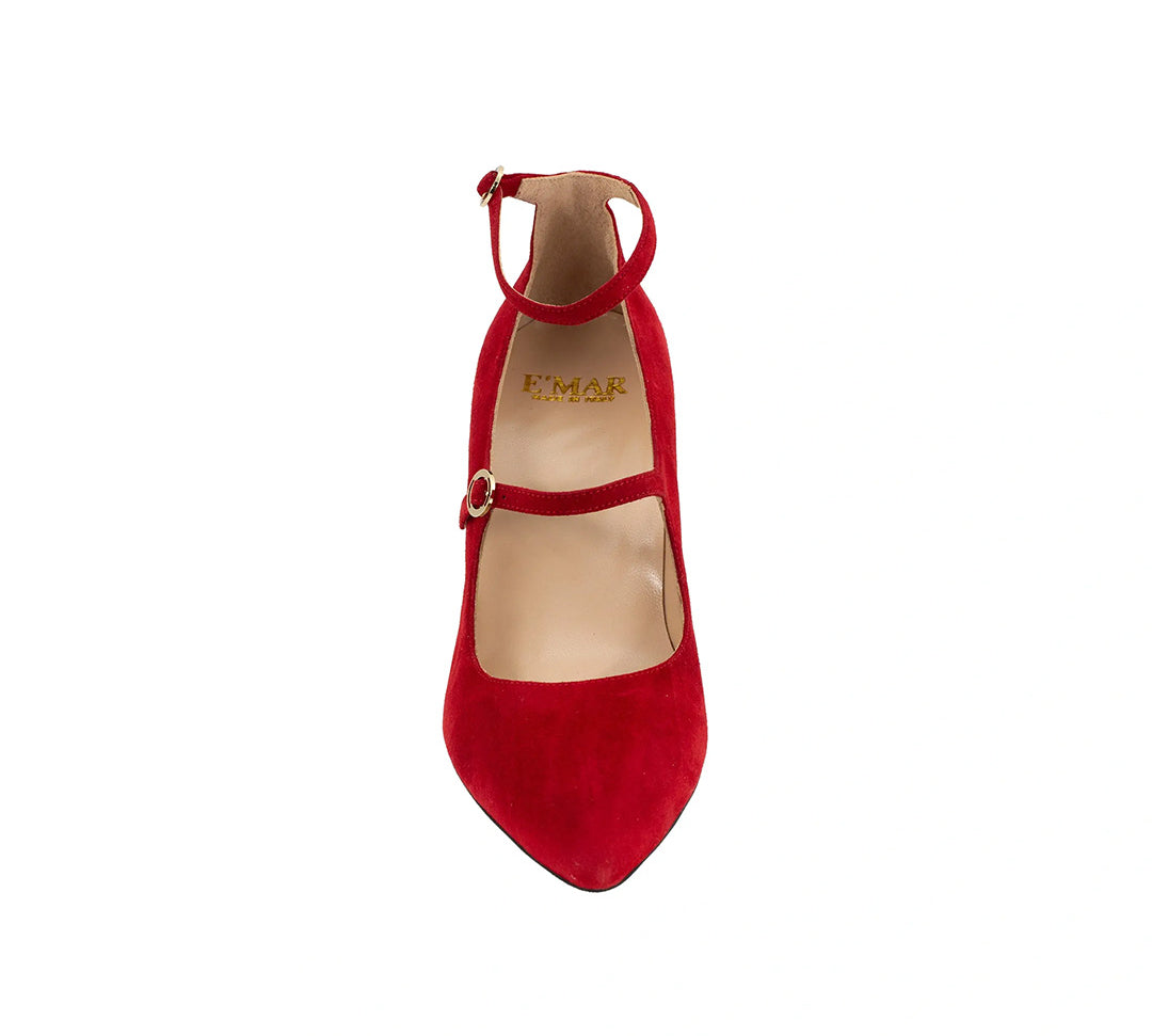 Meraki Red Double Strap Almond Toe Mary Jane Heels | E'MAR