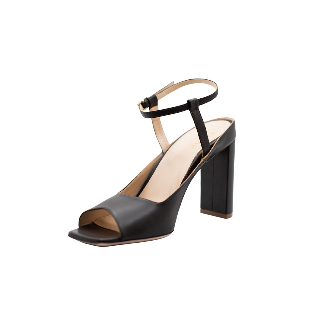 Nisa Brown Open-Toe Mule Heels with Ankle Strap | E'MAR