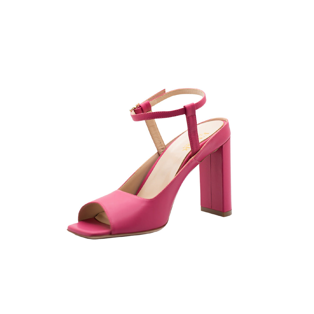 Nisa Pink Open-Toe Mule Heels with Ankle Strap | E'MAR