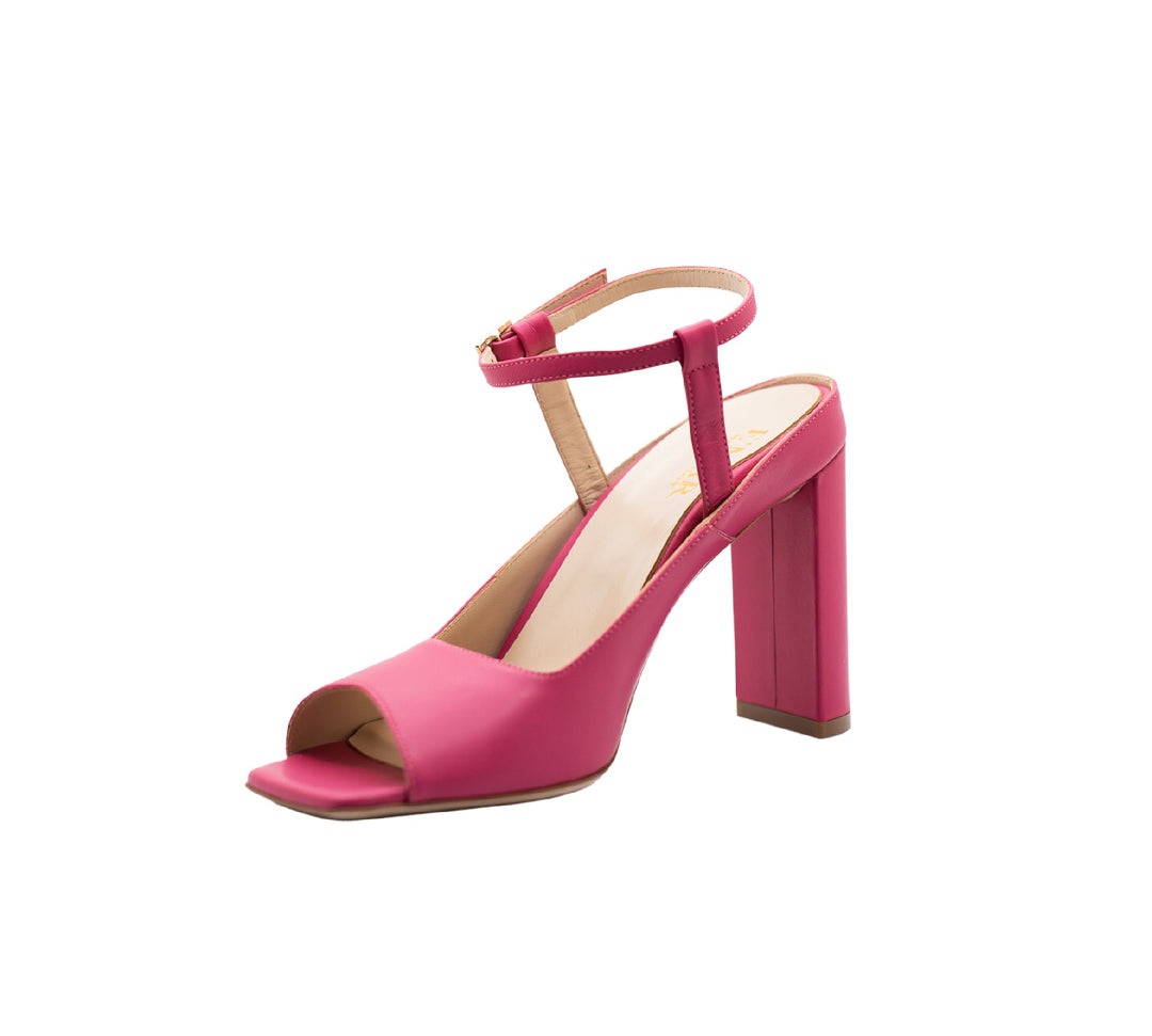 Nisa Pink Open-Toe Mule Heels with Ankle Strap | E'MAR