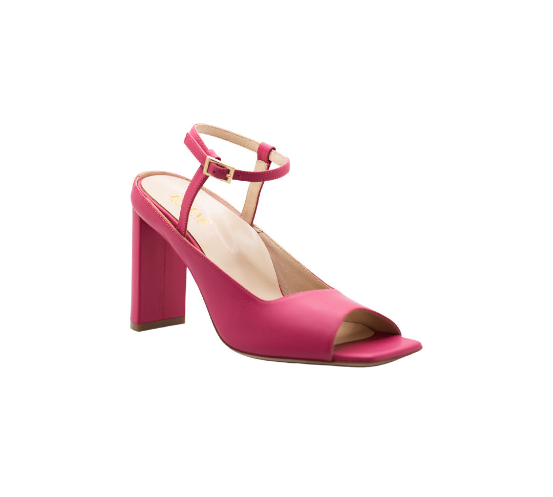 Nisa Pink Open-Toe Mule Heels with Ankle Strap | E'MAR