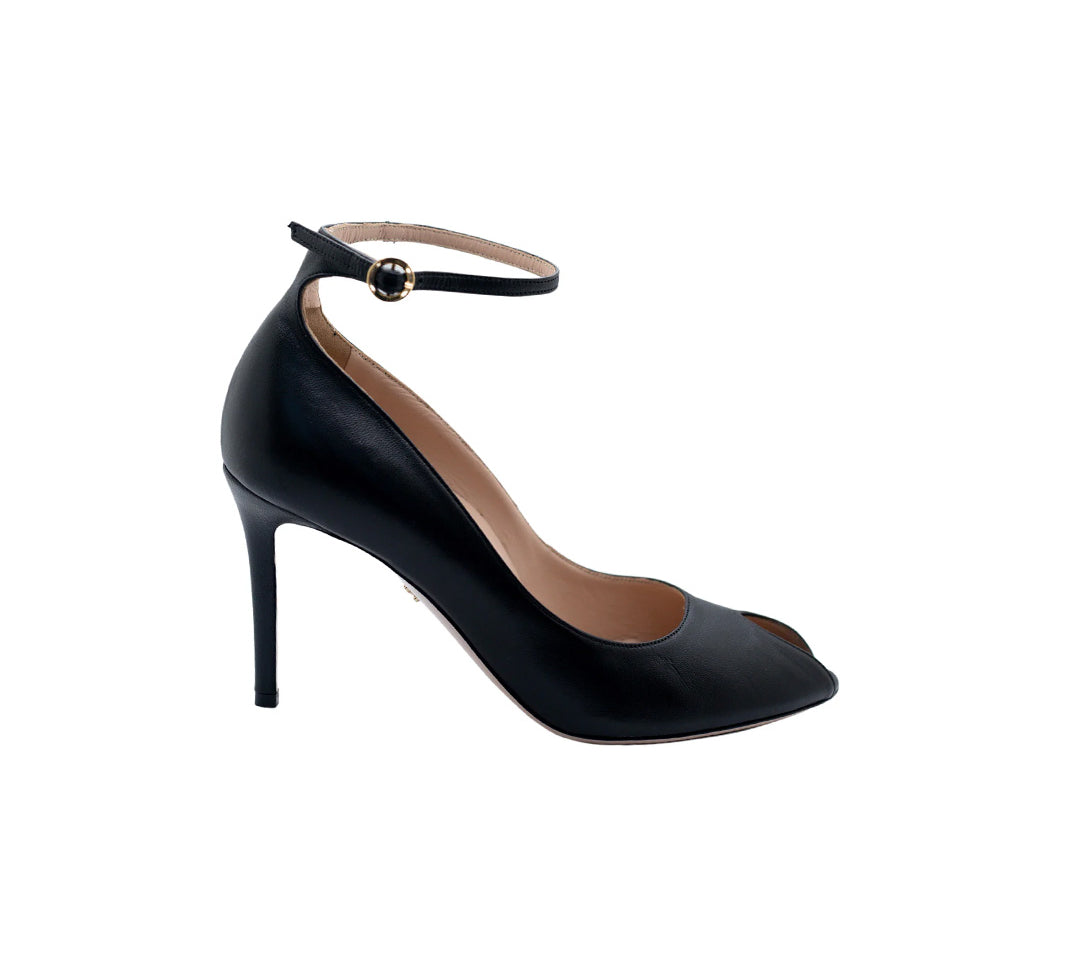 Raya Black Round Peep Toe Ankle Strap Heels | E'MAR