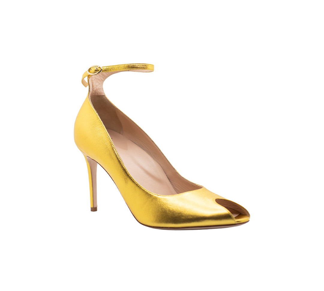 Raya Gold Round Peep Toe Ankle Strap Heels | E'MAR