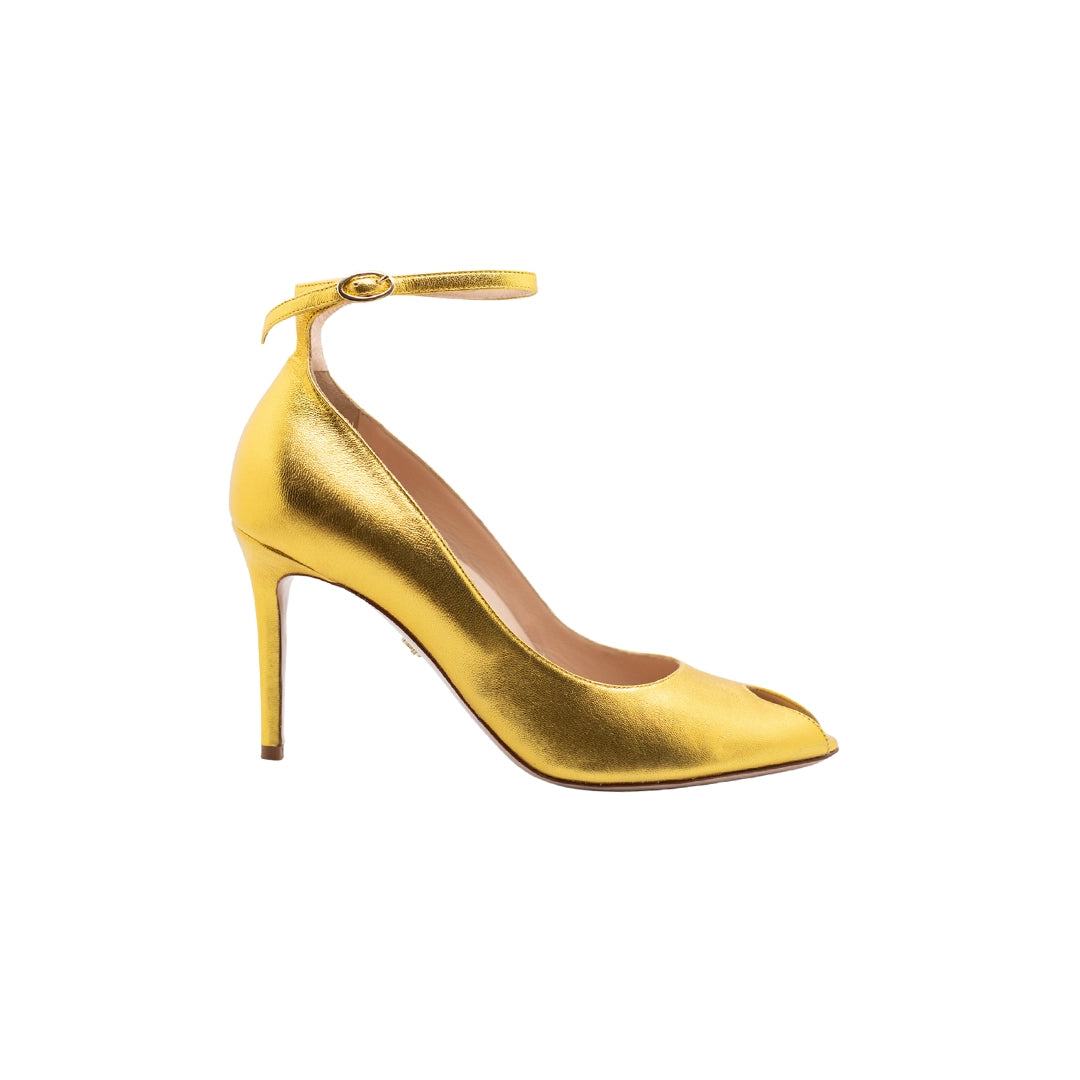 Raya Gold Round Peep Toe Ankle Strap Heels | E'MAR
