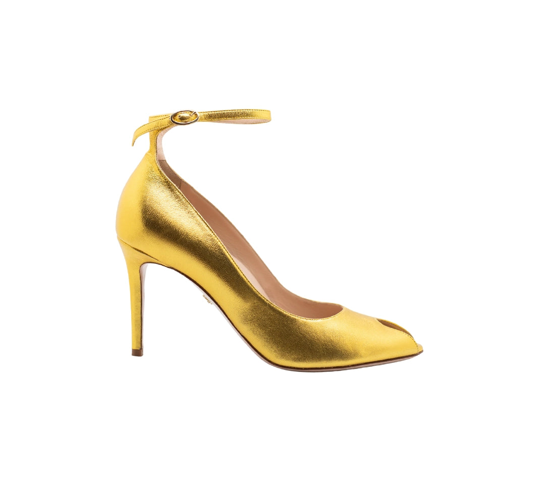 Raya Gold Round Peep Toe Ankle Strap Heels | E'MAR