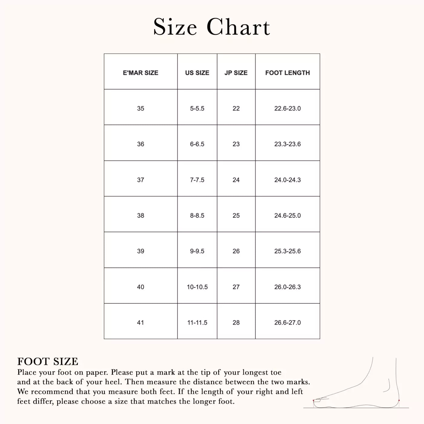 Size Chart Emar Ari Block Heel Pump