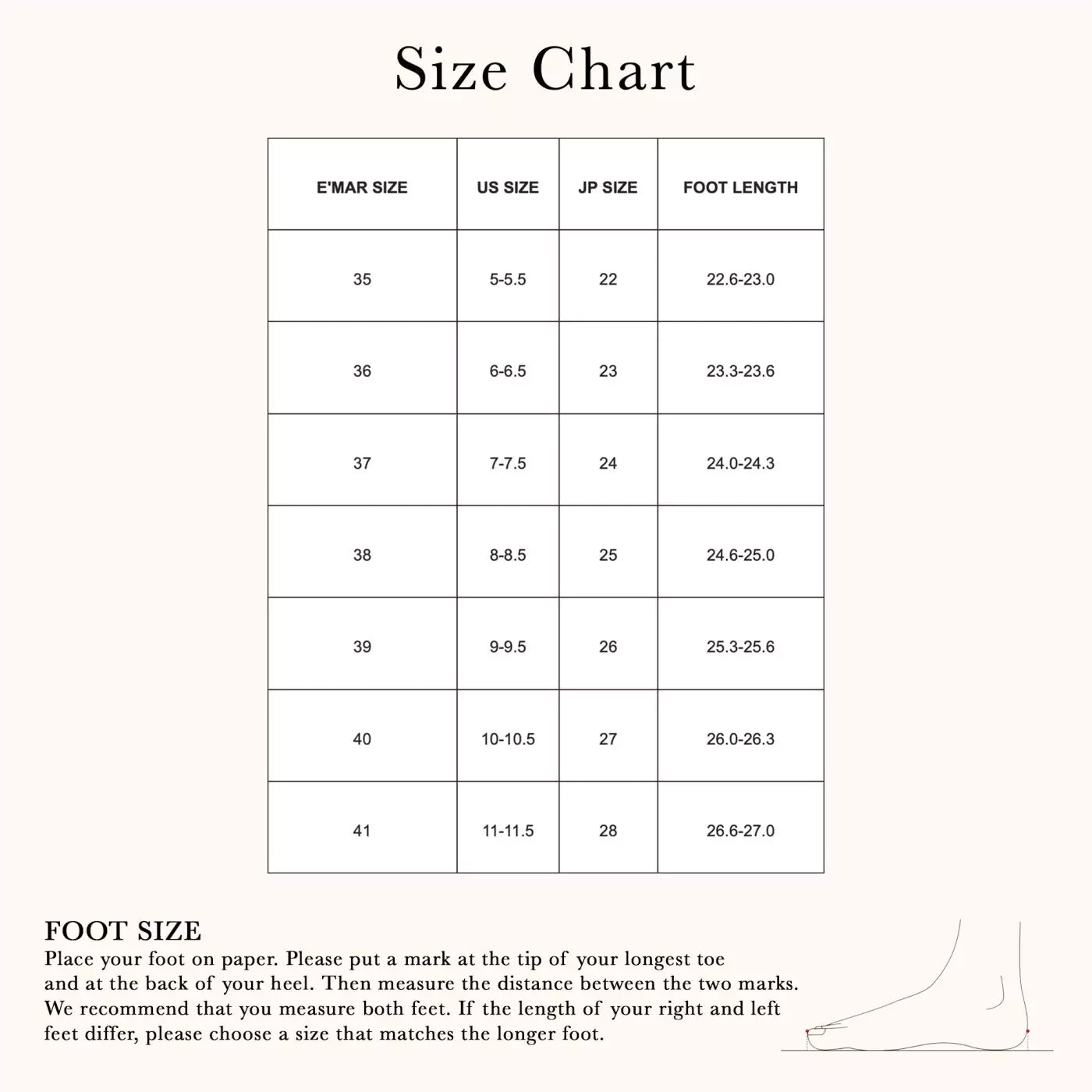 Size Chart Emar Everyday Ankle Strap Pump